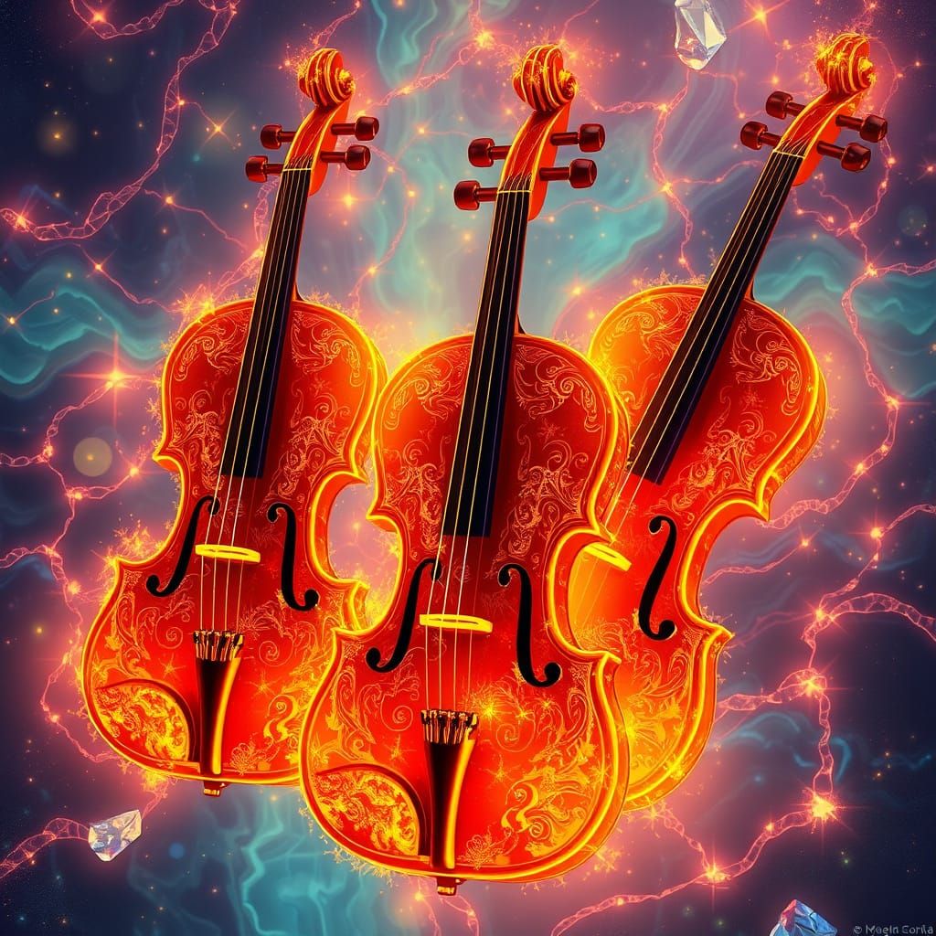 Glowing Violins in Vibrant Psychedelic Dreamscapes