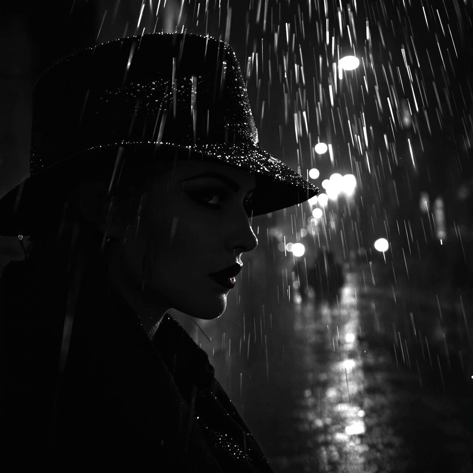 Mysterious Woman in Rainy City Night Film Noir