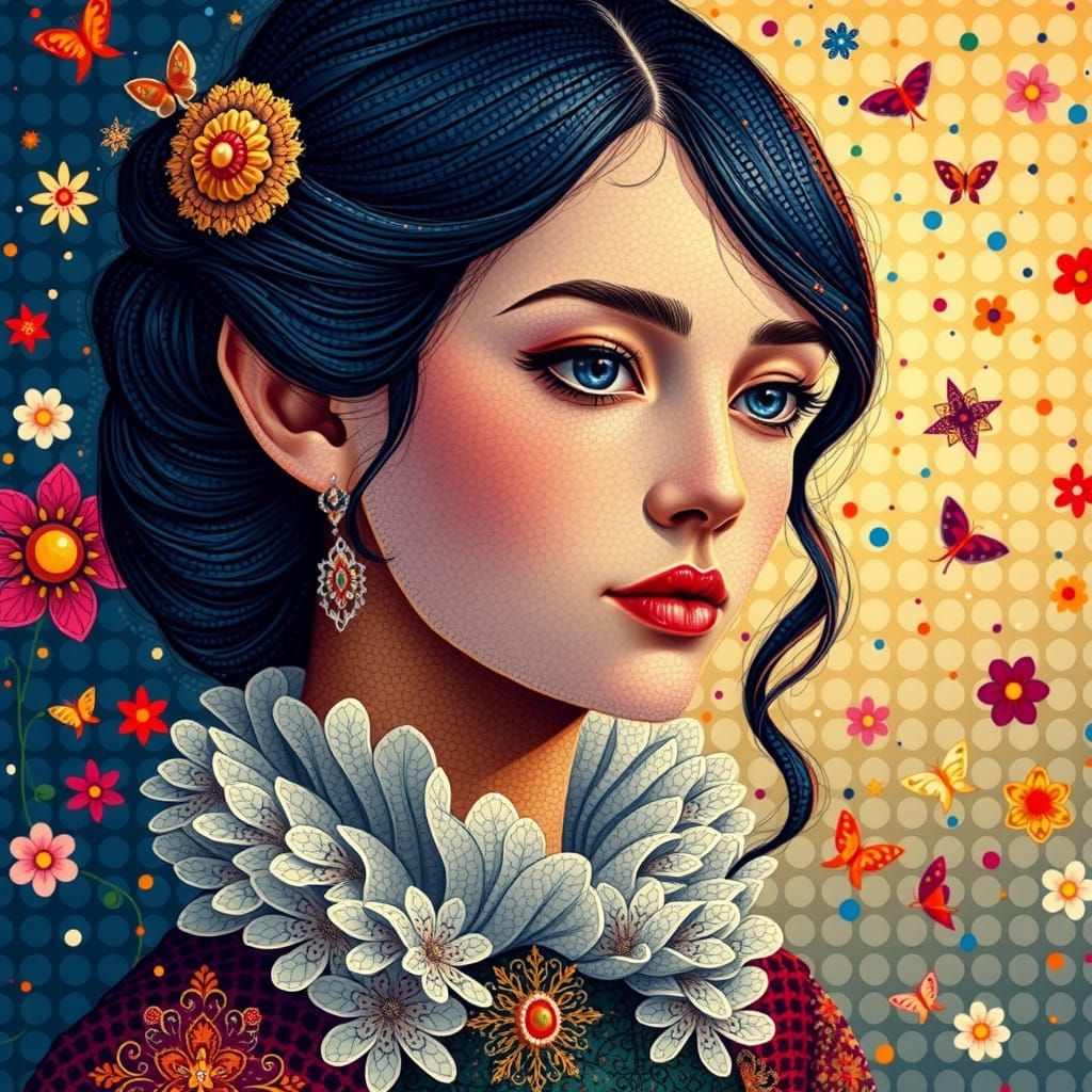 Serene Woman in Pointillism Style Portrait