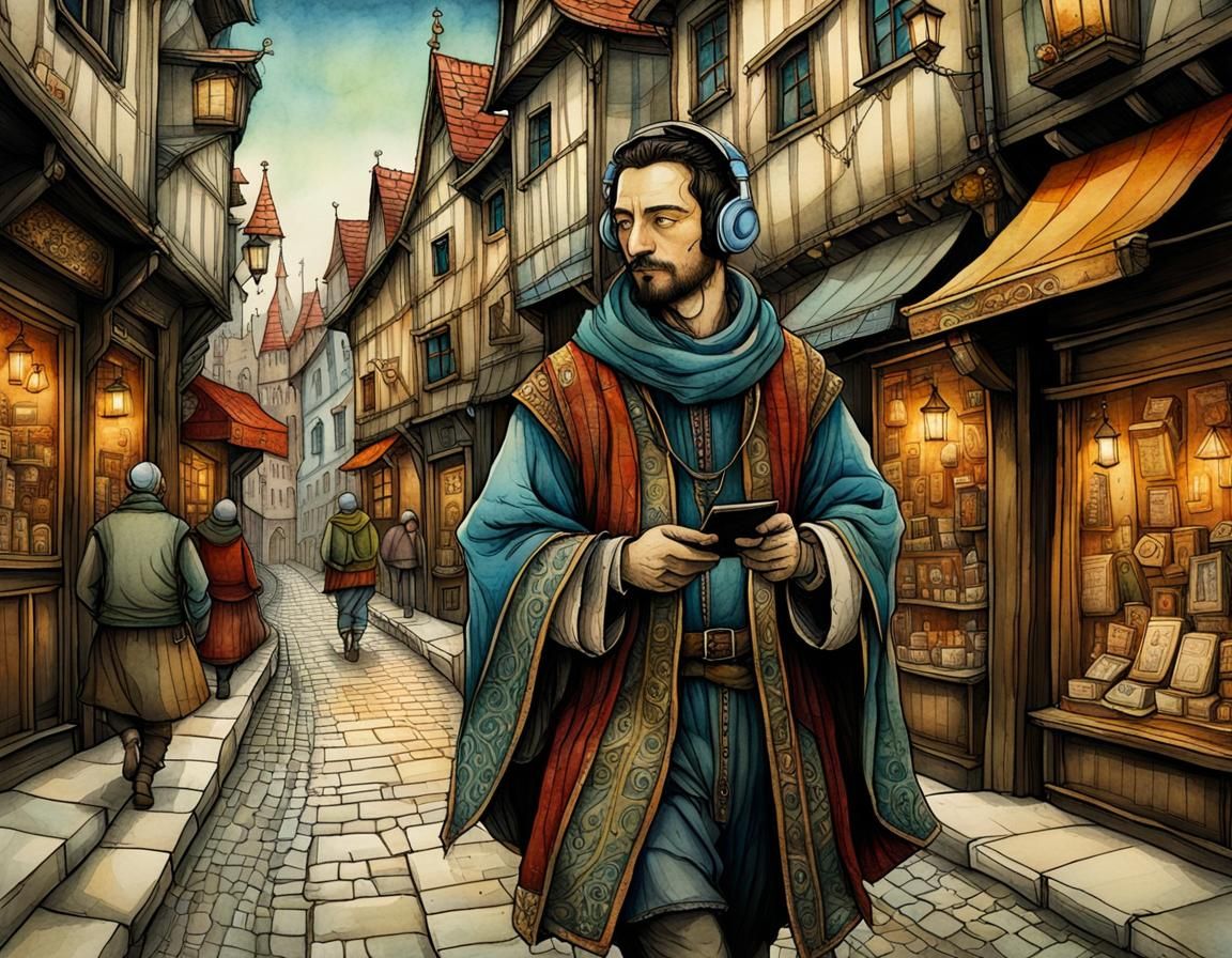 Modern Man in Medieval Times: Hyperrealistic Illustration