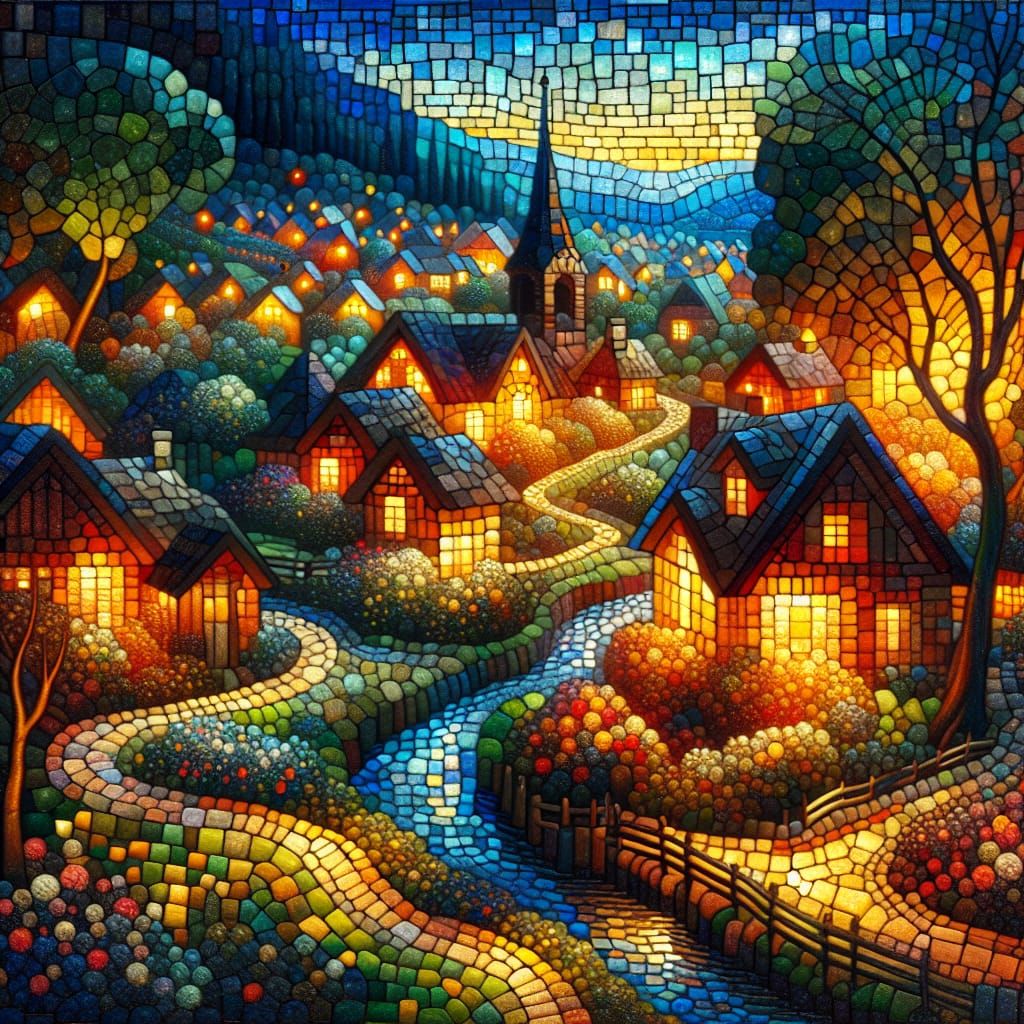 Tessellated Renaissance Painting with Quaint Cottages