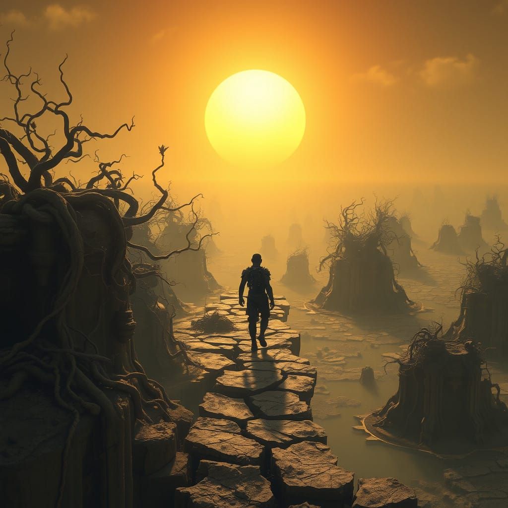 Cyborg Lost in a Dystopian Dreamscape