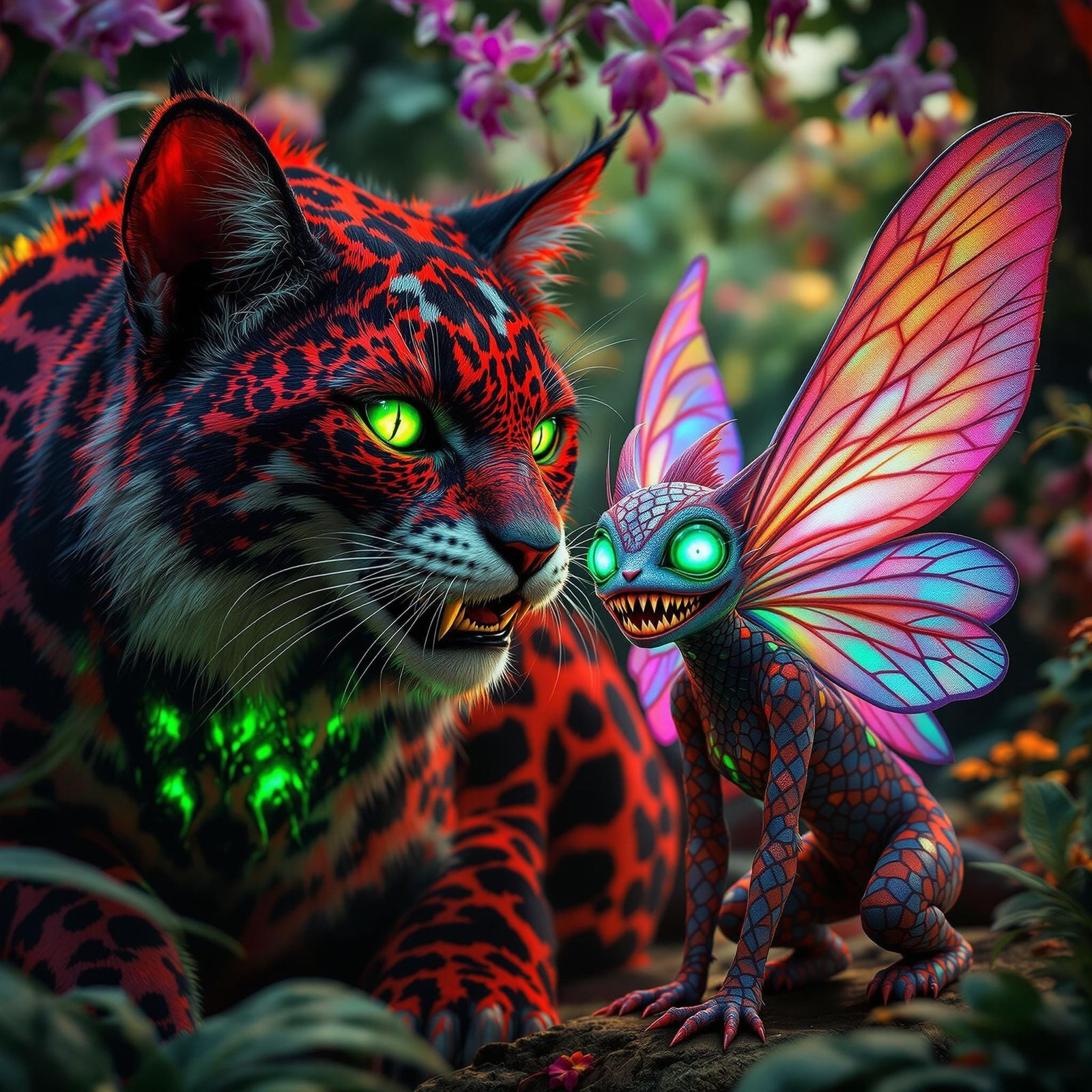 Vibrant Feline and Fairy Rave in Alien Forest
