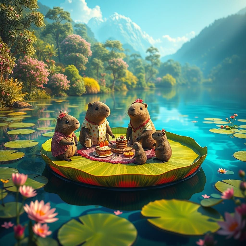 Capybaras Picnic on Lily Pad, Holographic Illustration
