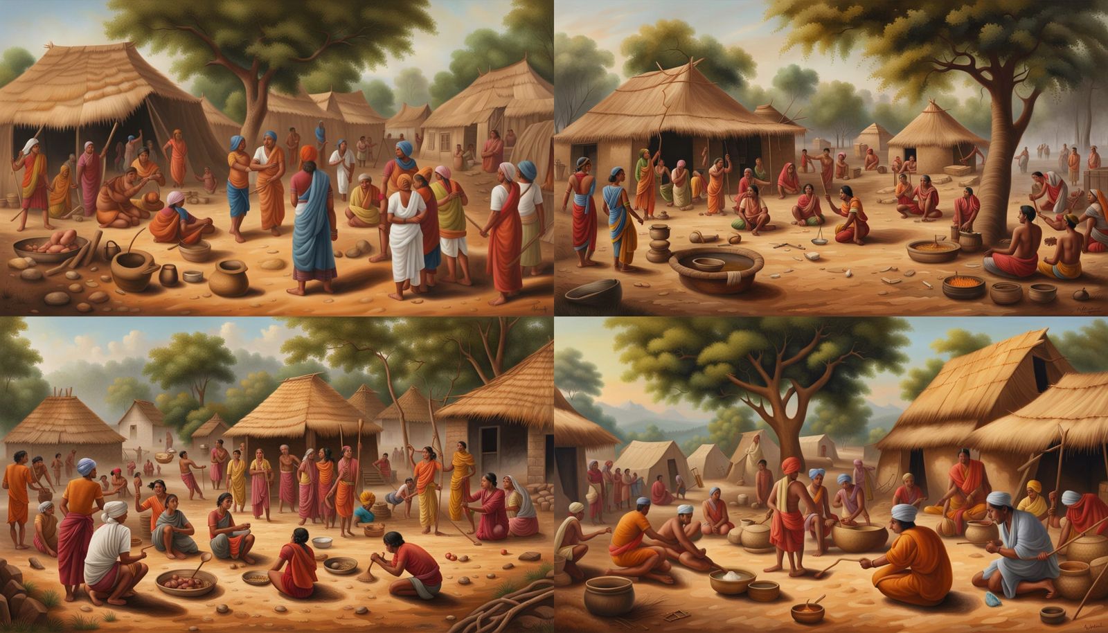 Indian Village Life in Folk Art Style