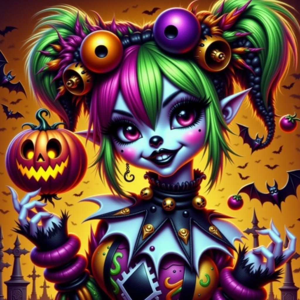 Cute Halloween Jester in Spooky Graveyard