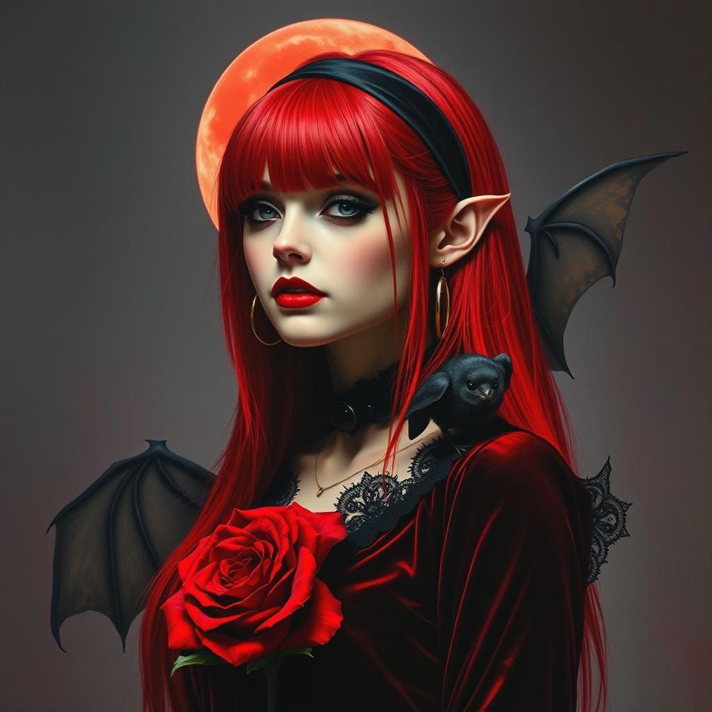 Gothic Girl with Bat Wings under Red Moon