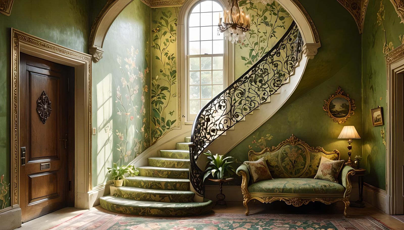 Green and Gold Botanical Wallpaper with Rugs