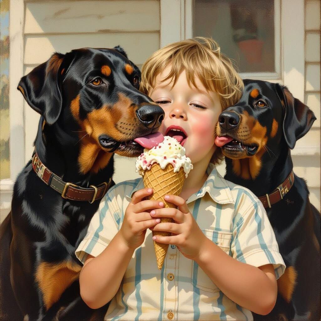 Boy and Doberman Sharing Ice Cream, Rockwell Style