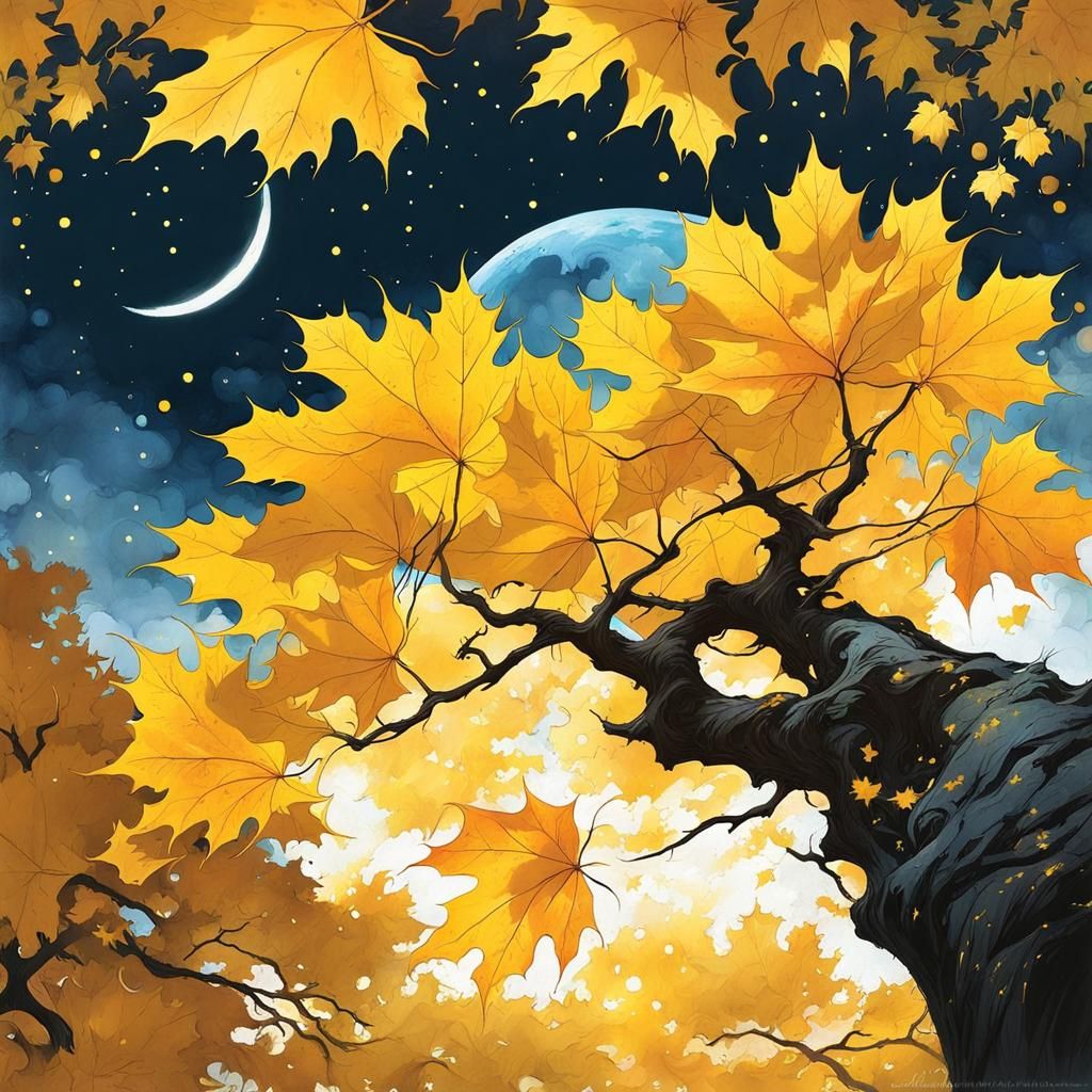 Golden Maple Tree Under Moonlight, Digital Painting
