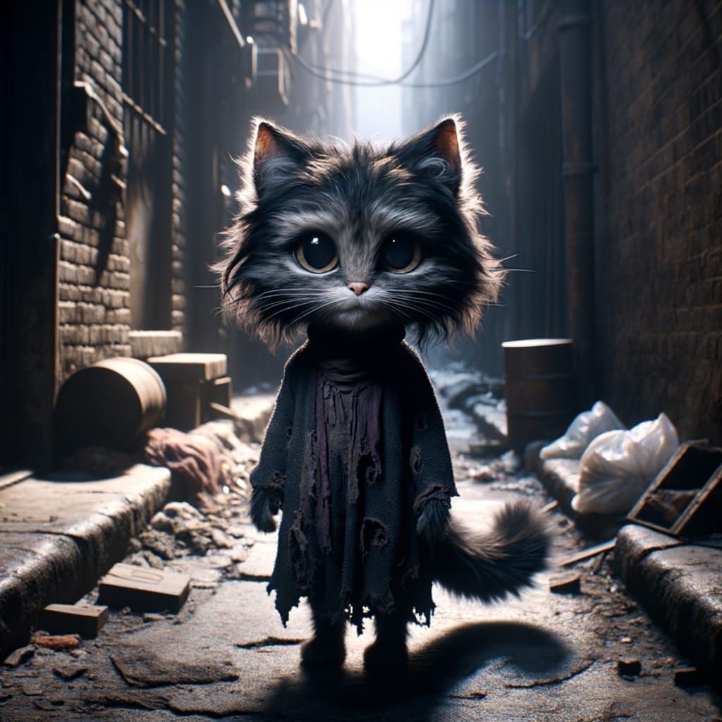 Lonely Anthropomorphic Cat in Poor City Alley in 3D