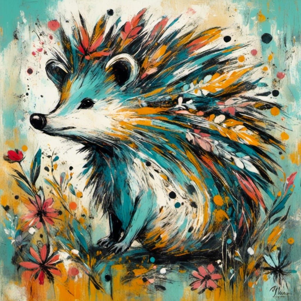 Whimsical Floral Hedgehog in Neo-Expressionist Style