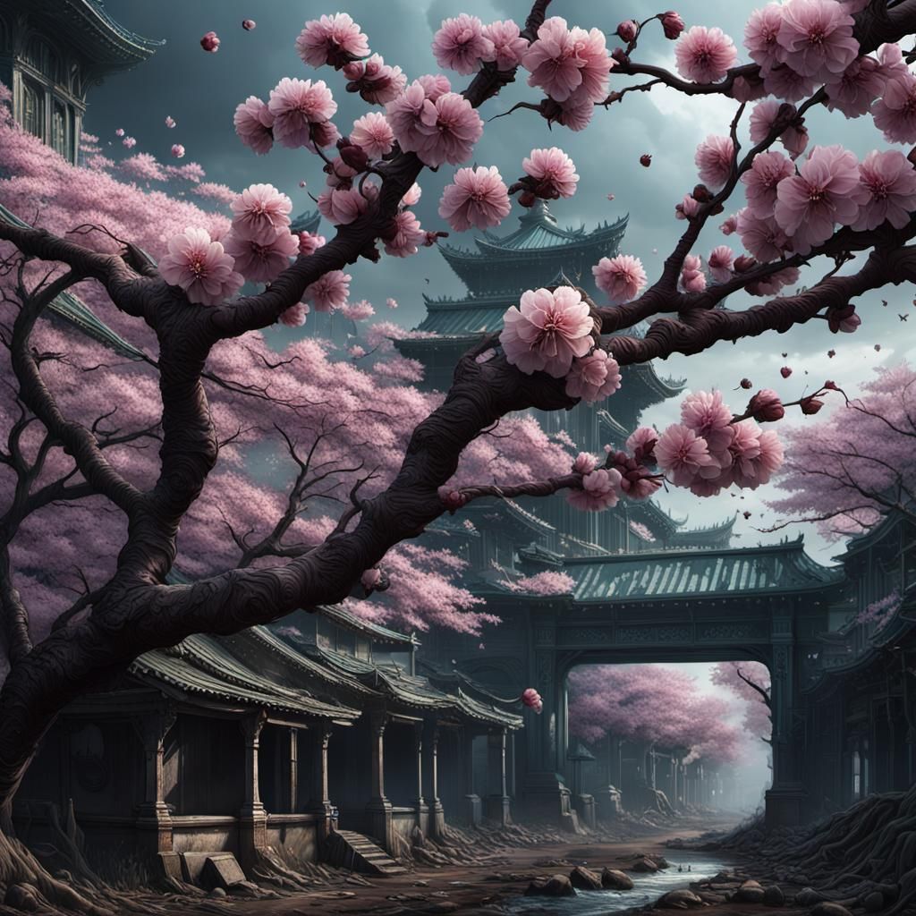 Dystopian Cherry Blossoms in Art Nouveau Style