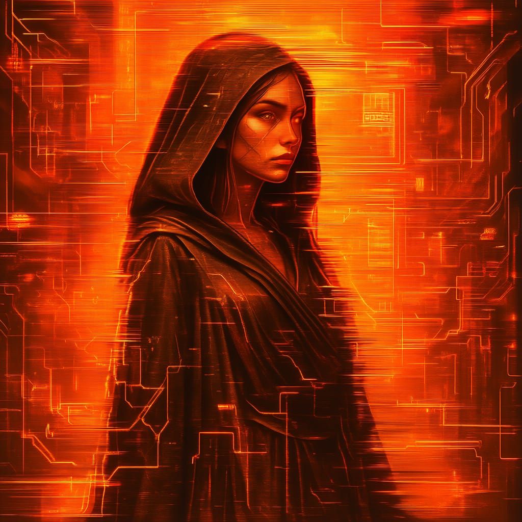 Glitched Cyberpunk Girl in Orange Hues