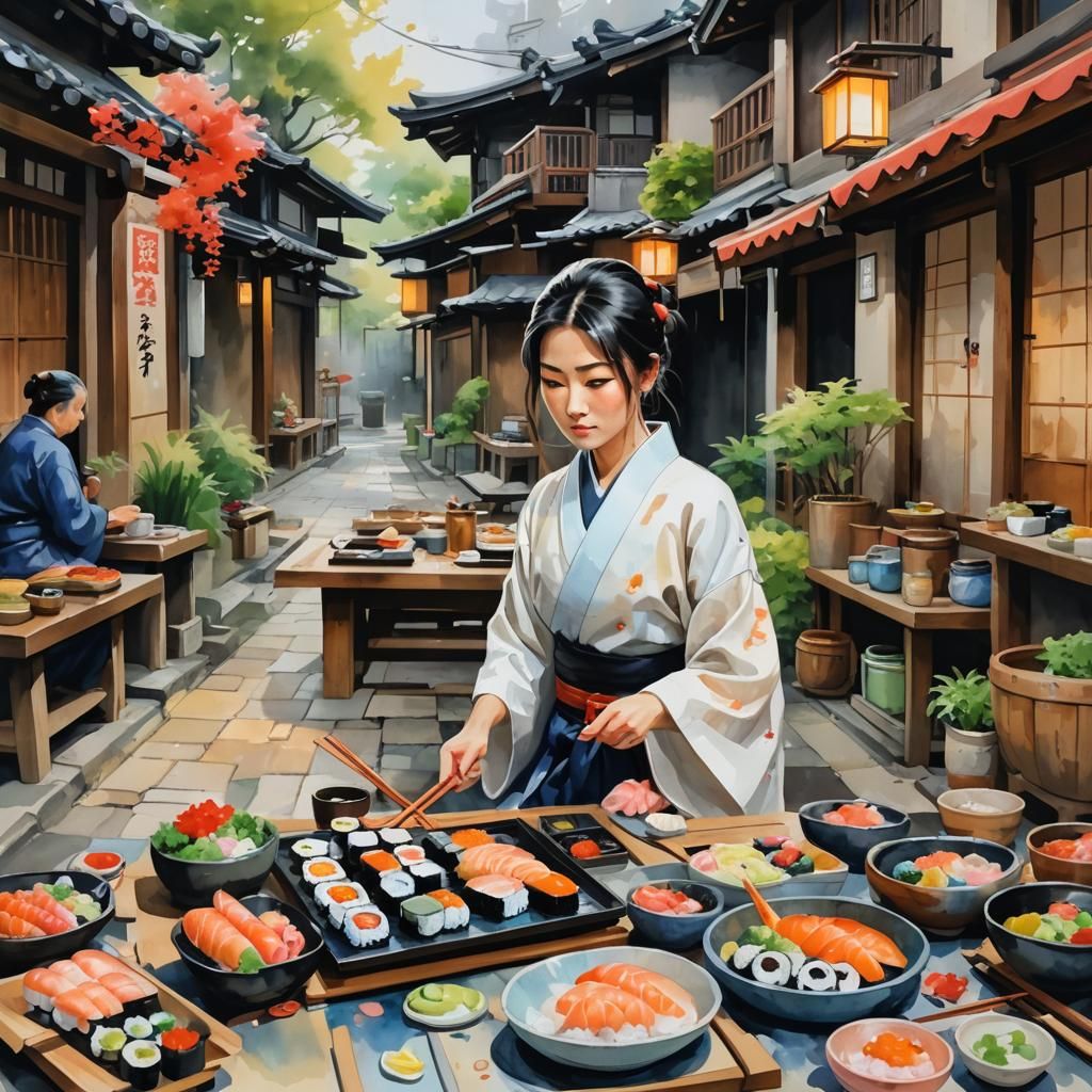 Zen Sushi Prepared in Gouache Impressionist Style