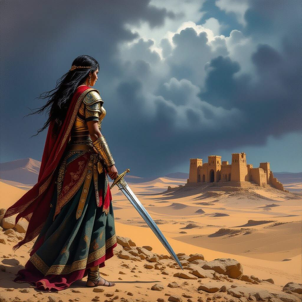 Berber Warrior Woman Gazes at Ruins in Baroque Style