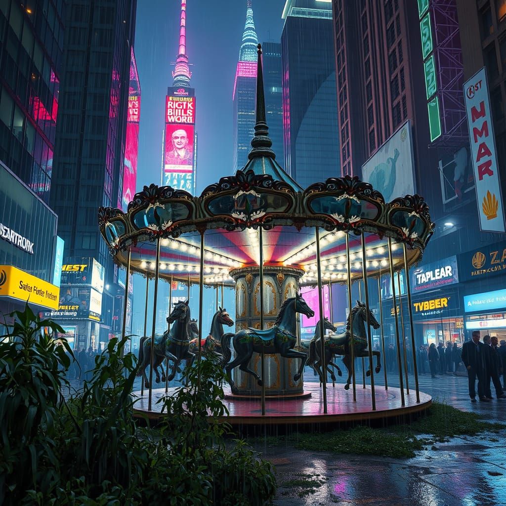Abandoned Carousel in Neon Cyberpunk City