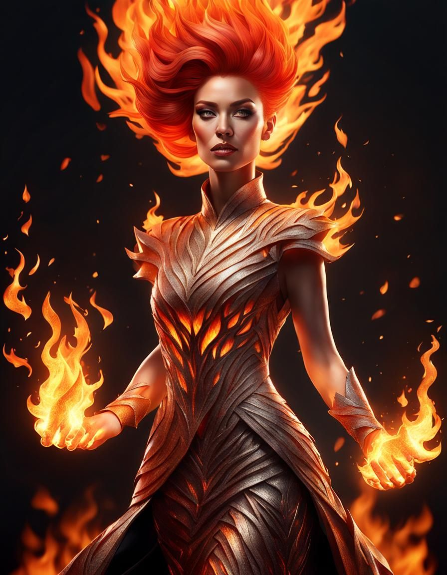 Ethereal Woman with Flaming Hair and Dress
