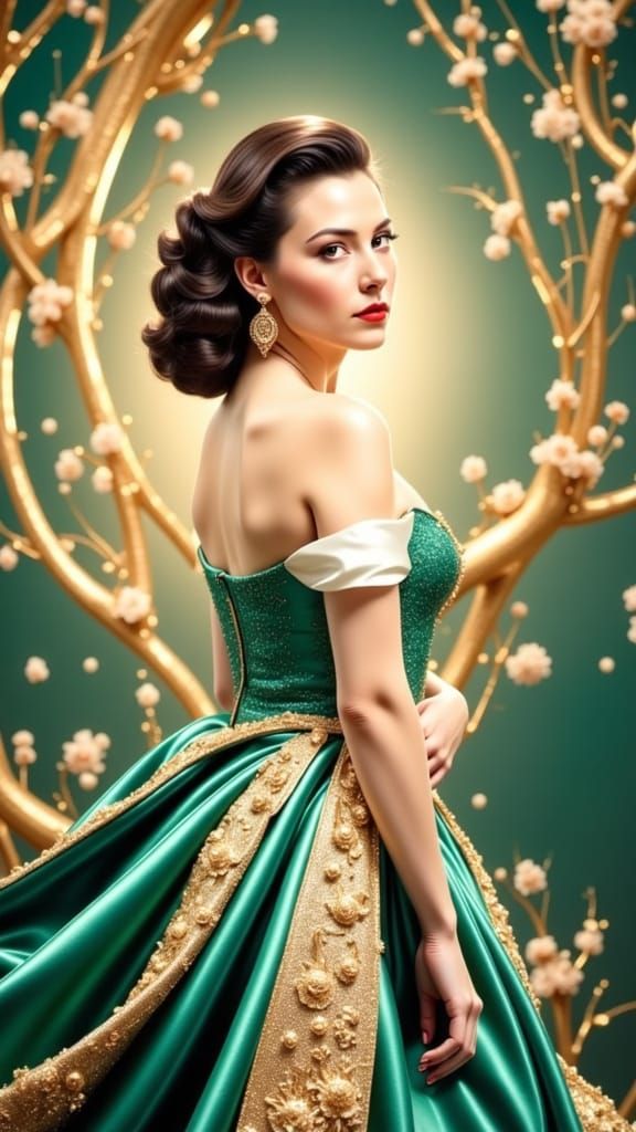 Elegant Portrait of a Woman in Jade Gown at Altar