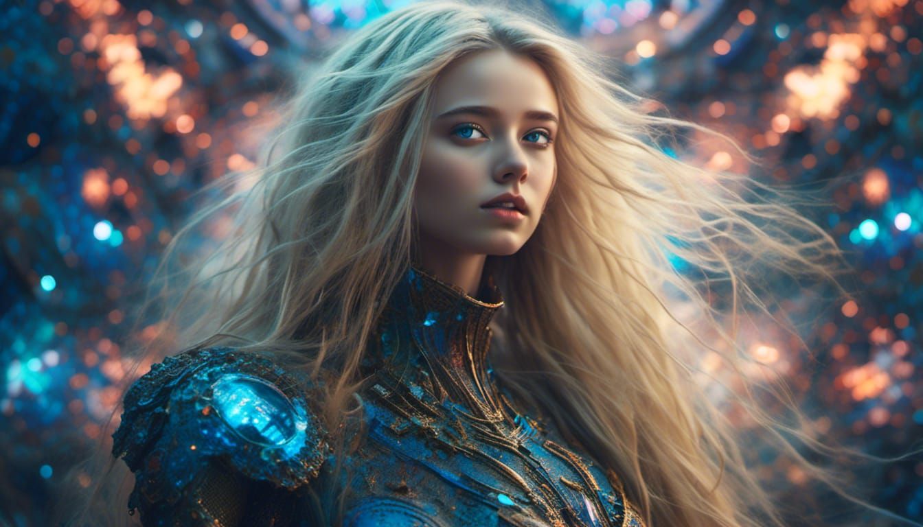 Cosmic Artist Girl with Blonde Hair and Blue Eyes