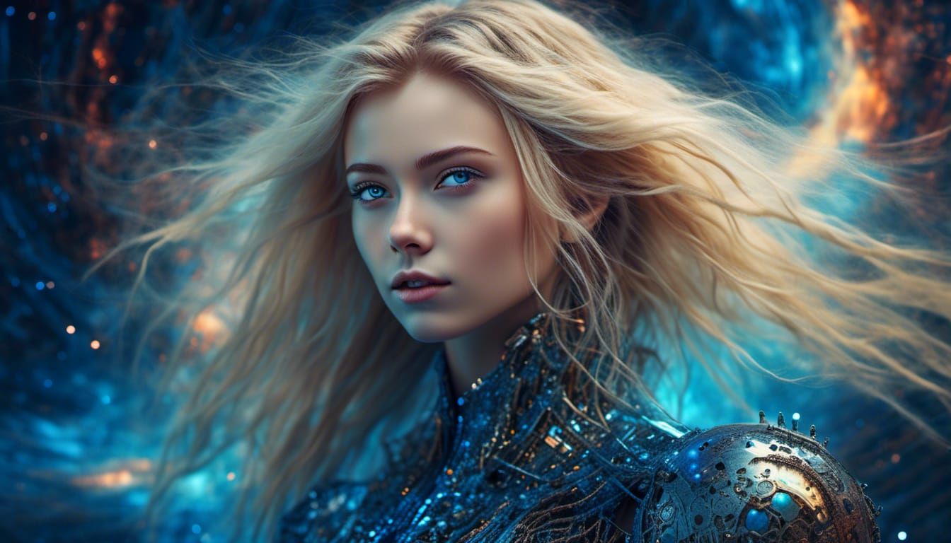 Cosmic Artist Girl with Blonde Hair in Space