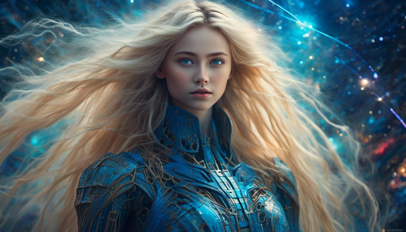 Mysterious Cosmic Girl with Blonde Hair and Blue Eyes