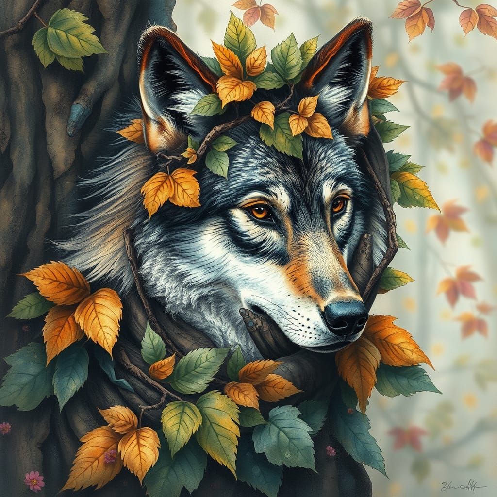 Wolf Wrapped in Bark and Leaves: Ethereal Fantasy Art