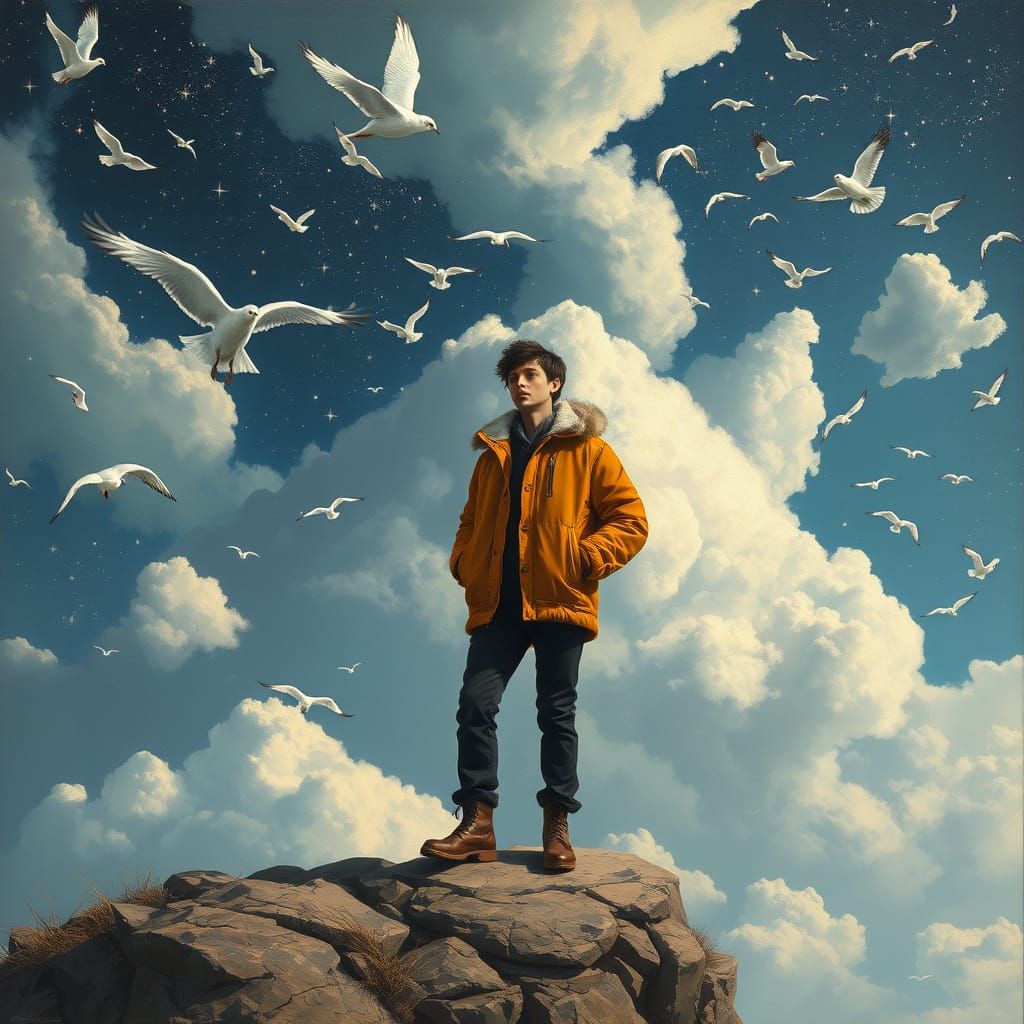 Dramatic Mountainscape with Lone Figure and Shooting Stars