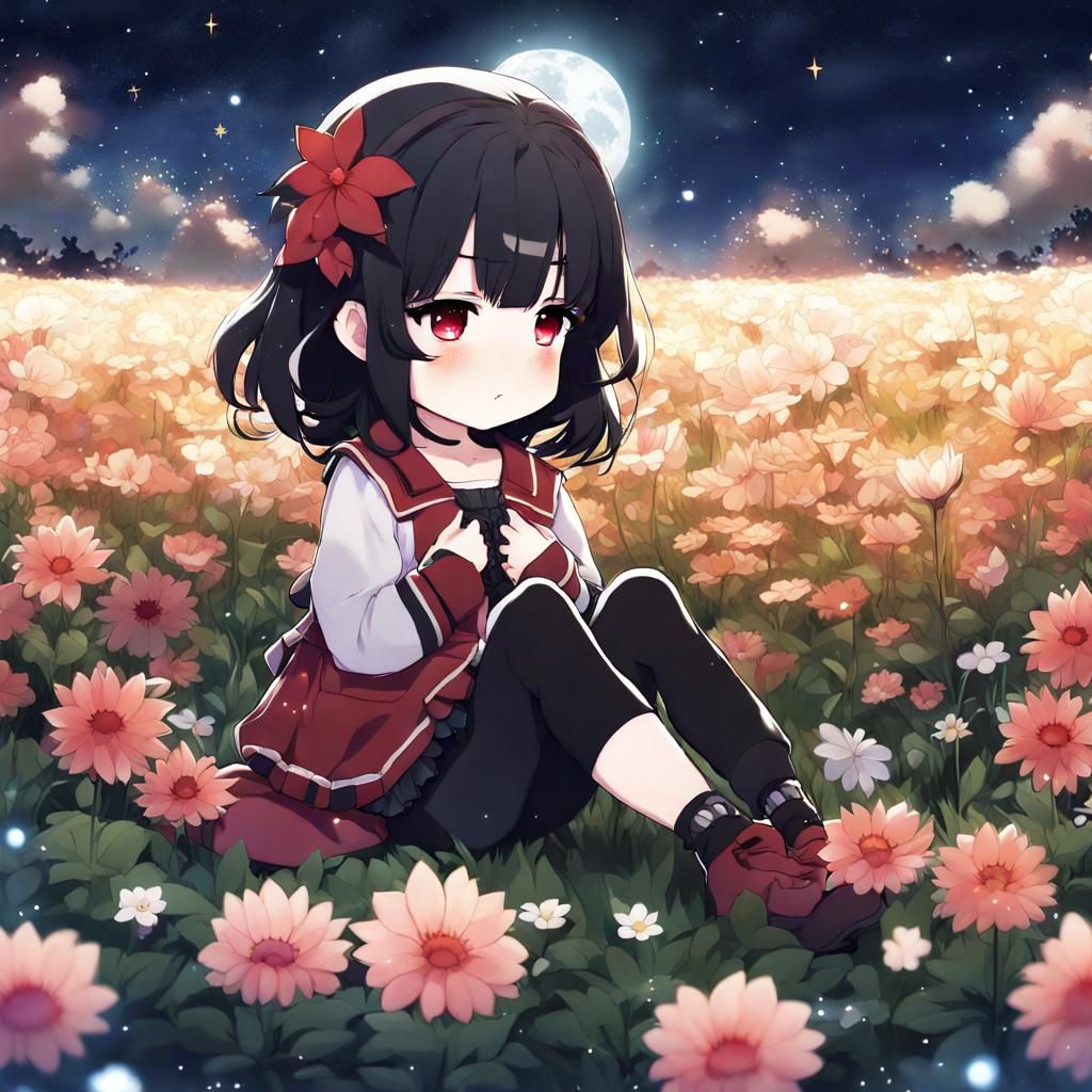 Chibi Girls in Starry Flower Field at Night