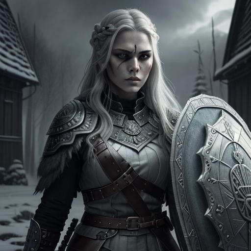 Nordic Warrior Woman with Shield in Gloomy Folklore