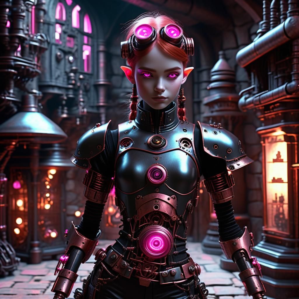 Steampunk Cyborg Elf in Magical Treasure Room
