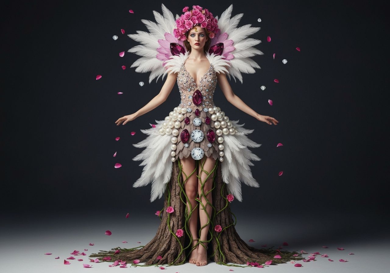 Surreal Woman in Outlandish Feather and Jewel Dress