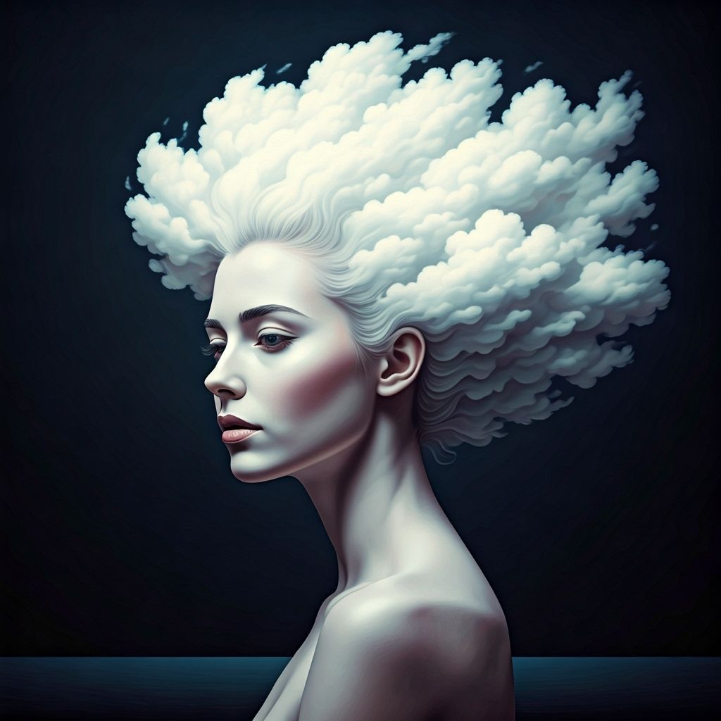 Surreal Woman with Cloud Hair, Dreamlike Painting