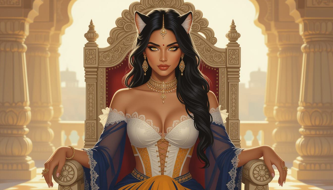 Indian Tiger Woman in Lace Gown on Retro Throne