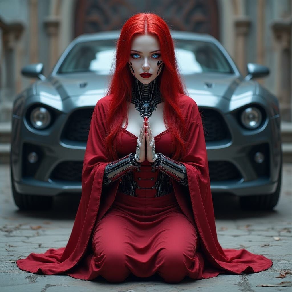 Cyborg Prays Before Gothic Cyberpunk Car