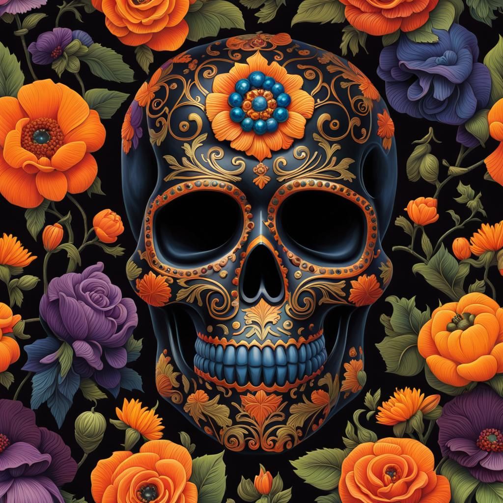 Obsidian Sugar Skull with Gemstones