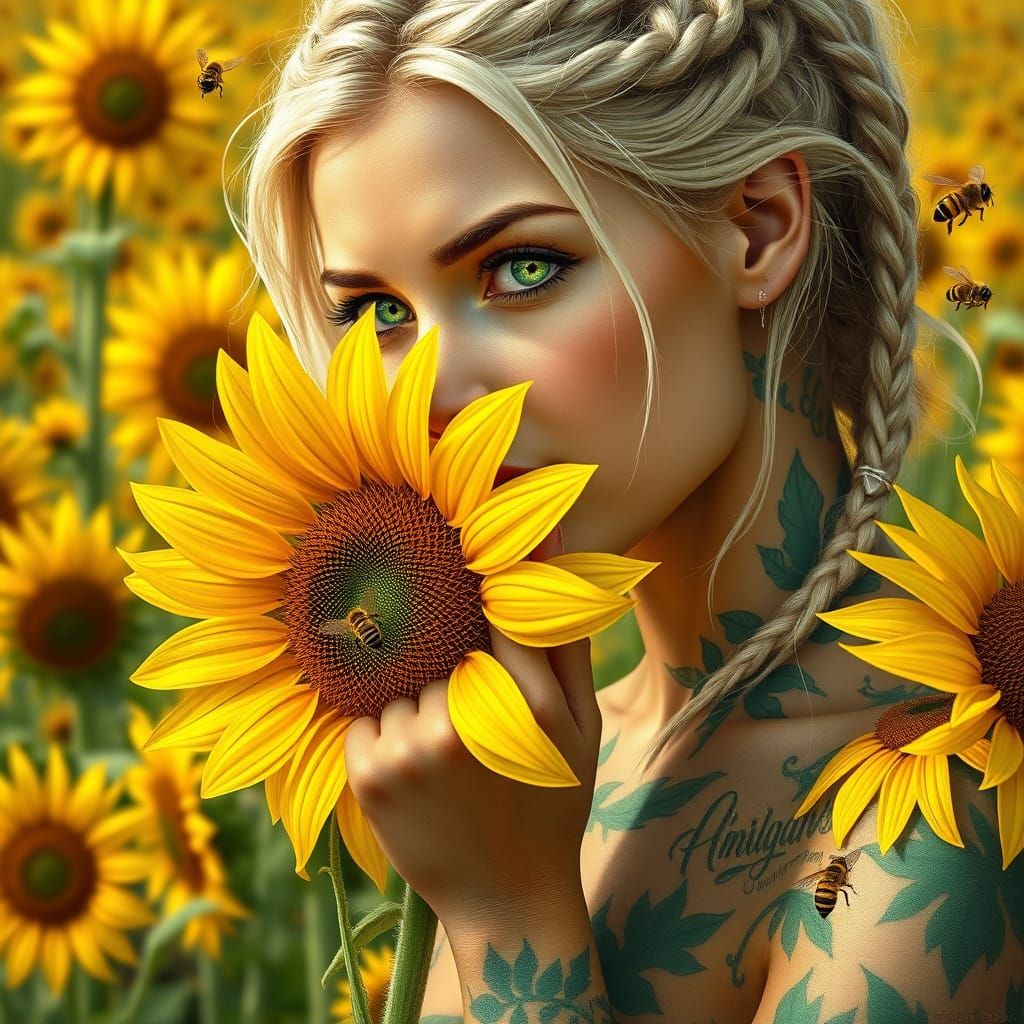 Hyperrealistic Portrait of a Blonde Woman with Sunflowers