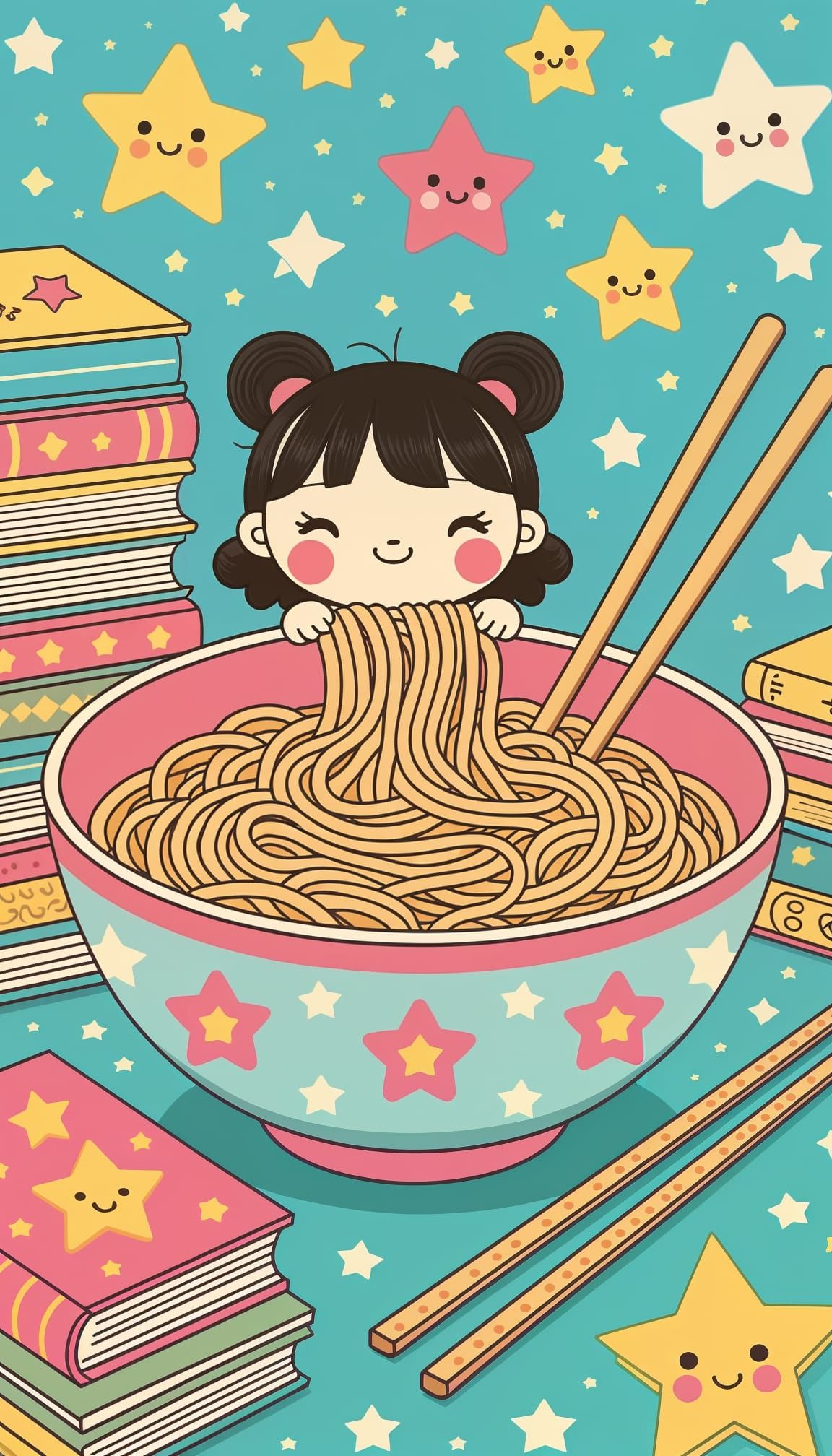 Kawaii Noodles with Books and Stars Illustration