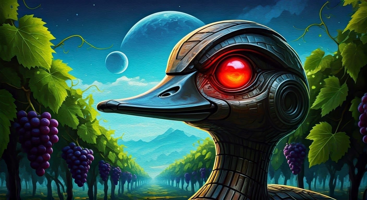 Glowing Metallic Duck in Alien Vineyard