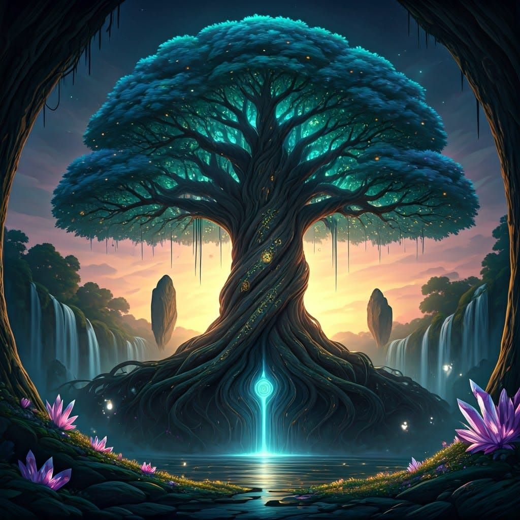Sapphire Emerald Luminous Tree in a Surreal Twilight Forest