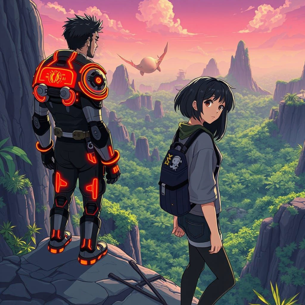 Futuristic Duo Stands at Cliff's Edge, Alien Jungle Awaits