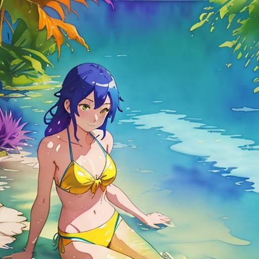 Anime Girl in Bikini, Studio Ghibli Watercolor Style
