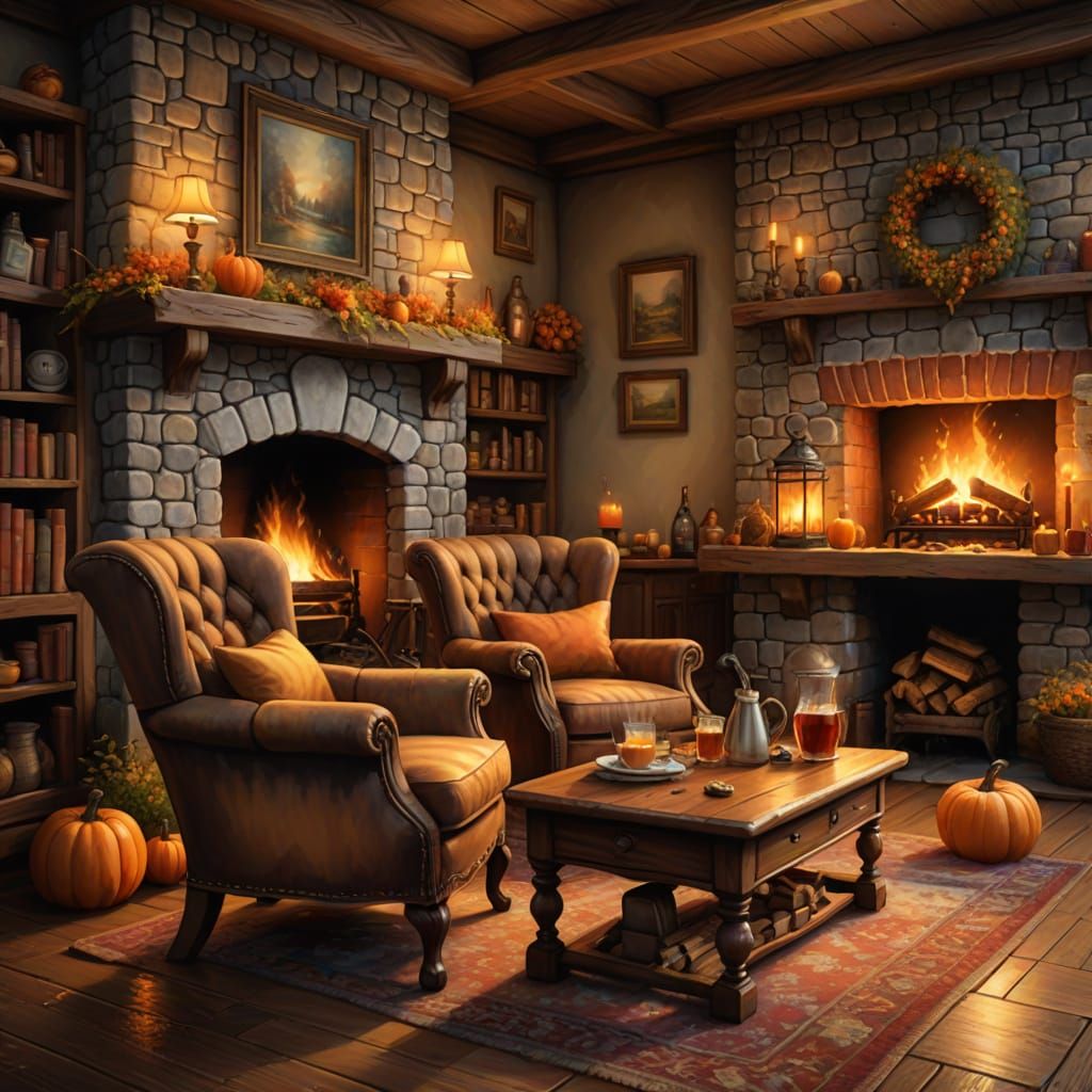 Cozy Autumn Fantasy Tavern Scene in Oil Painting Style