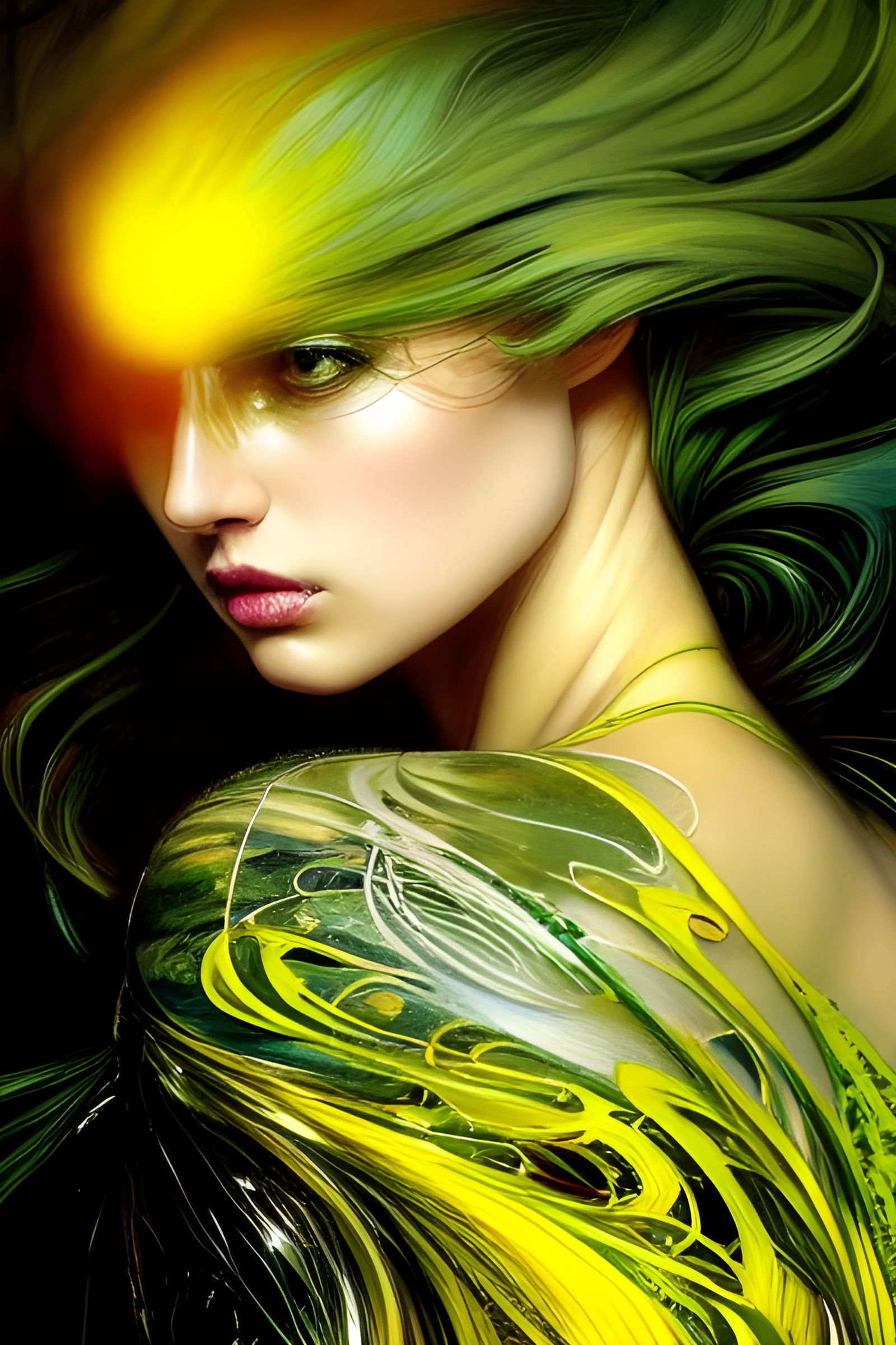 Intricate Portrait with Yellow Green Splash