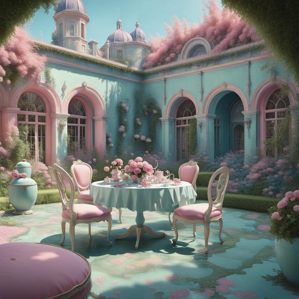 Pastel Garden Tea Party in Gouache Style