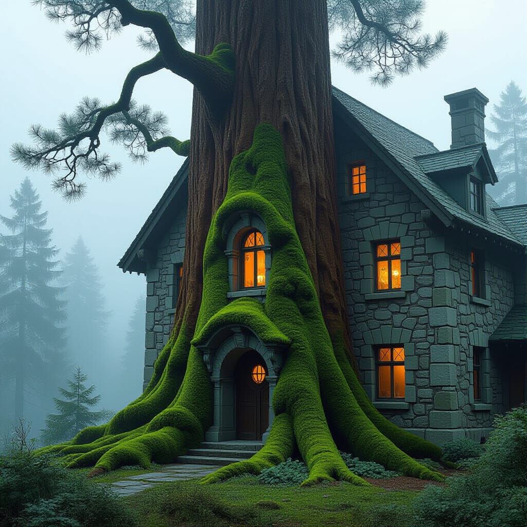 Moss-Covered Sequoia Building in Eerie Landscape