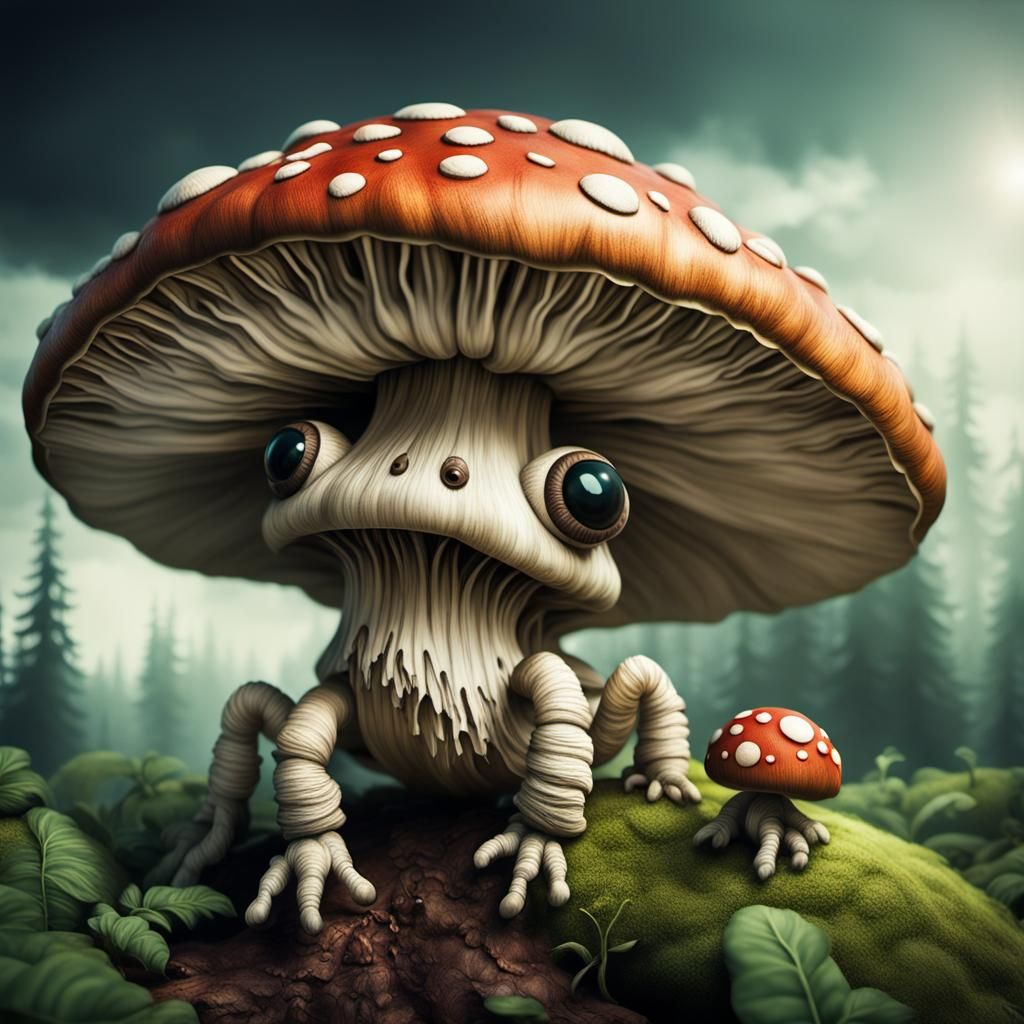 a mushroom creature with a baby