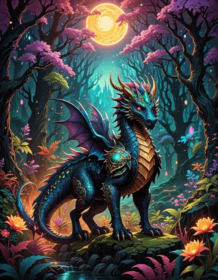 Ethereal Warrior Dragon in a Whimsical Fantasy Forest