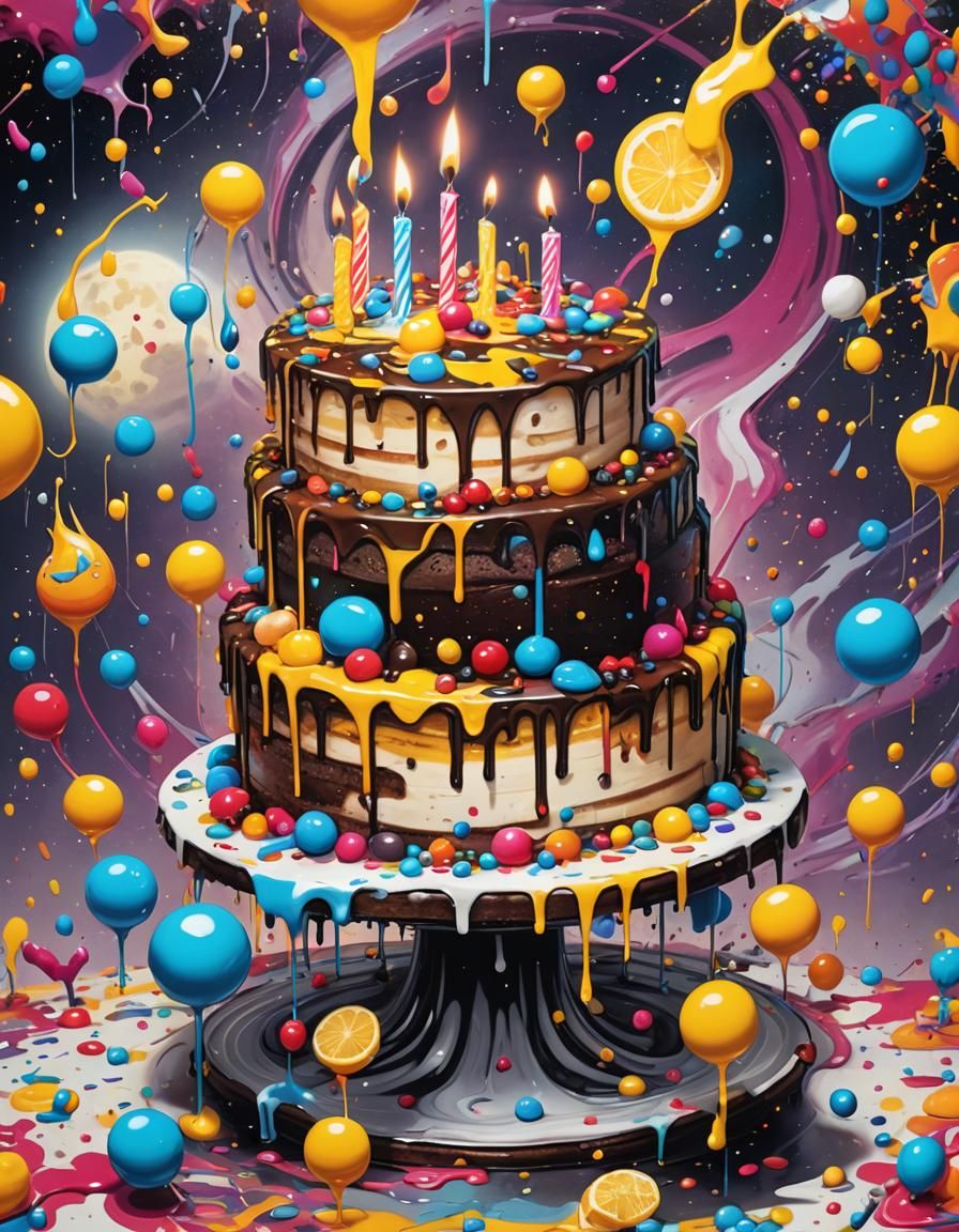 Kaleidoscopic Birthday Cake in Graffiti Art Style