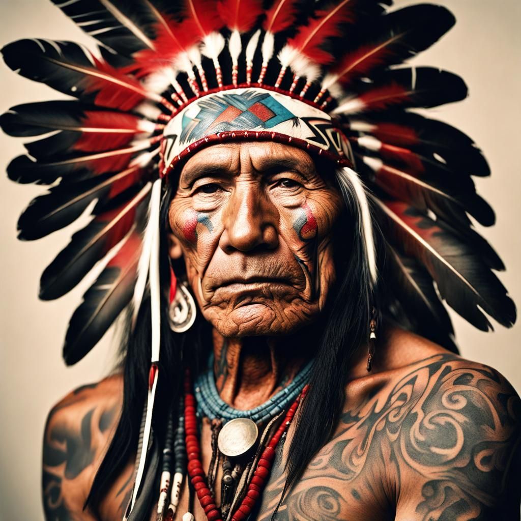 Tattooed Native American Chief in Ceremony